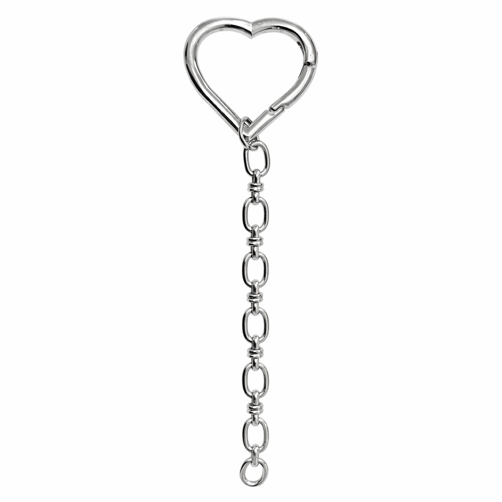 Silver heirloom link keychain featuring a polished heart-shaped carabiner clasp and a dangling chain of oval links.