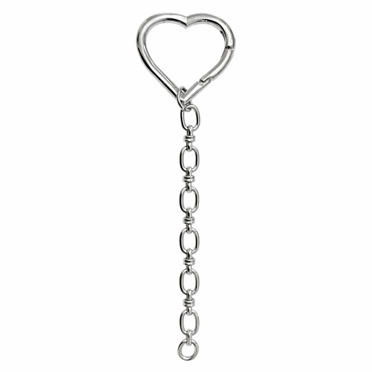 Silver heirloom link keychain featuring a polished heart-shaped carabiner clasp and a dangling chain of oval links.