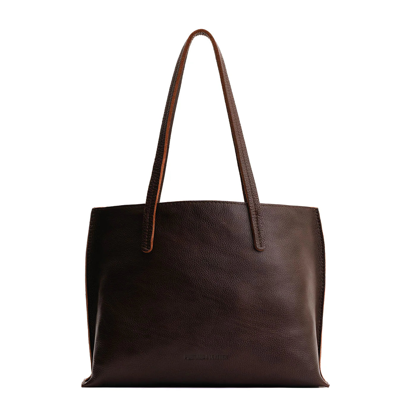Dark brown pebbled leather August Tote with long shoulder straps and embossed detailing.