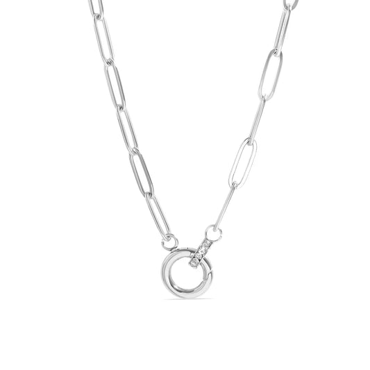 Silver paperclip carabiner necklace featuring a round, silver-tone clasp accented with small clear stones.