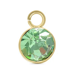 August birthstone gold-tone charm featuring a round, faceted light green stone in a bezel setting.