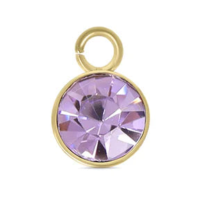 A round, light purple June birthstone charm set in a gold-tone bezel with a small jump ring.