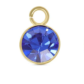 Round faceted blue September birthstone charm in a gold-tone bezel setting with an attached jump ring.