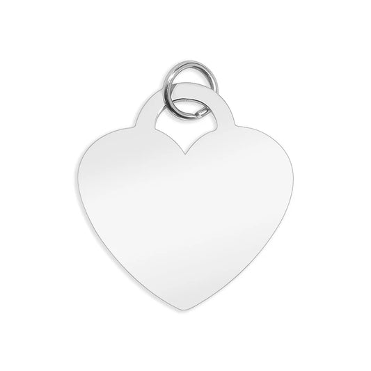 A flat, polished large silver heart charm with a top loop and jump ring, shown on a white background.