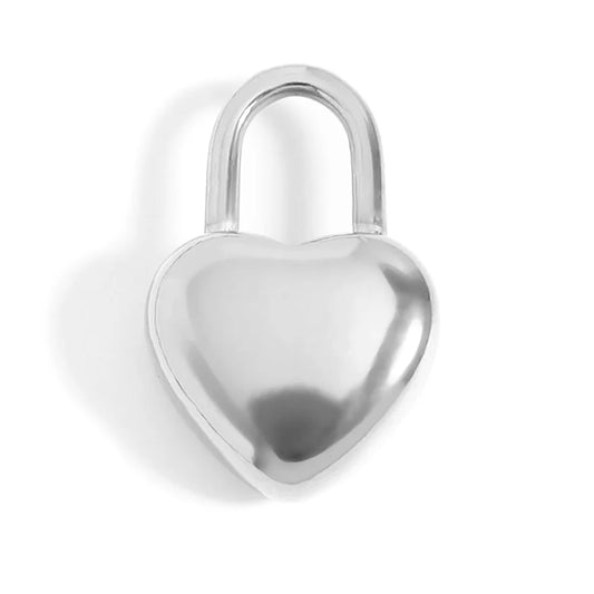 A polished silver heart padlock charm with a smooth, puffy surface, designed for a charm necklace or bracelet.