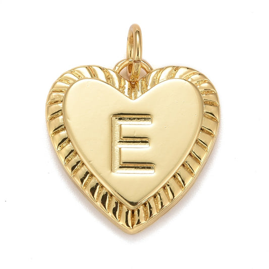 Gold-tone heart-shaped initial charm by Good Day, Darling featuring an engraved letter E and a ribbed decorative border.