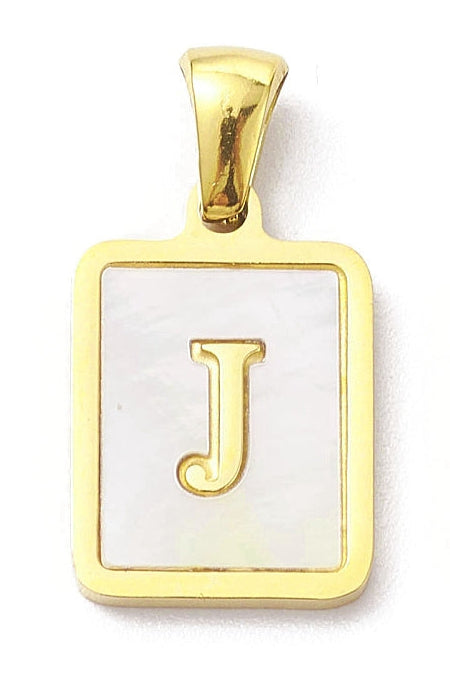 Rectangular gold-tone initial charm featuring the letter J set on a white iridescent inlay.
