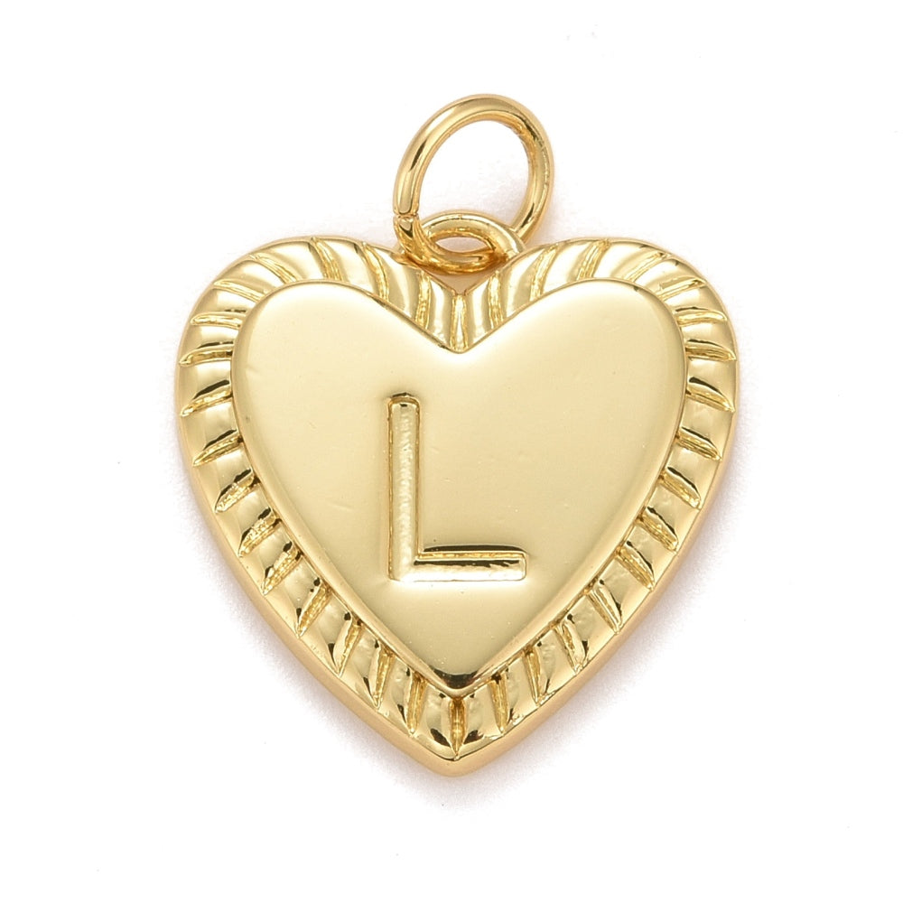 Gold-tone heart-shaped initial charm featuring an engraved letter L, a textured ribbed border, and a top jump ring.