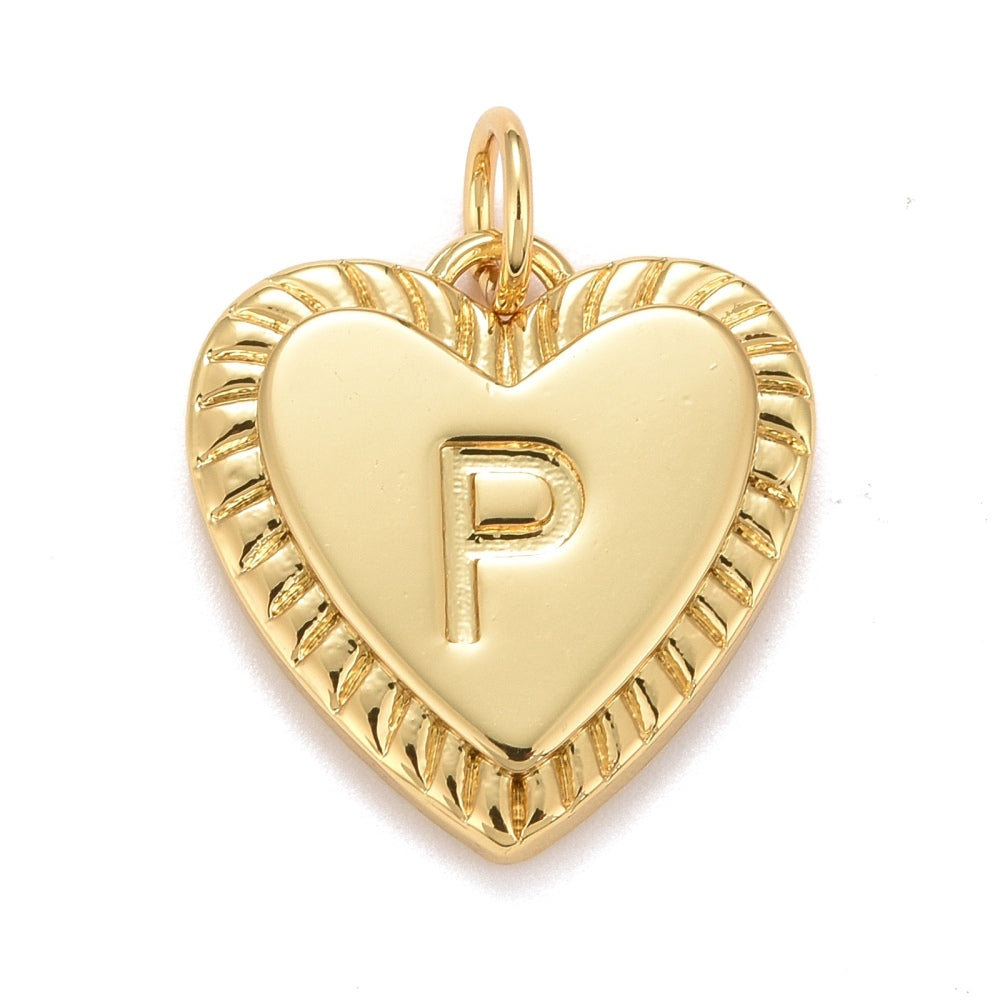 Gold-tone P Heart initial charm featuring an embossed letter P on a smooth heart with a ridged border.