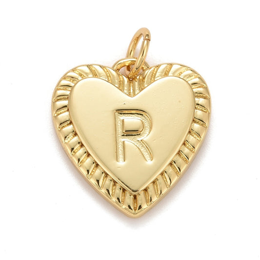 Gold-tone heart initial charm with a raised letter R and a textured, ribbed border.