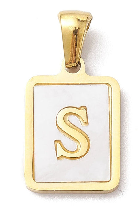 Rectangular gold-tone initial charm featuring a white pearlescent inlay and the letter S in a serif font.
