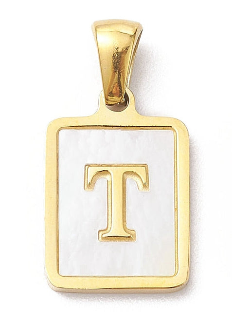 Gold-tone initial charm featuring a rectangular shape with the letter T on a white iridescent background.