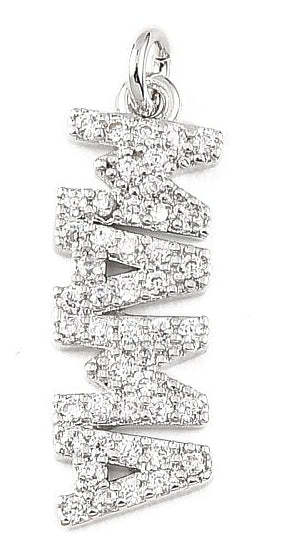 Silver CZ Mama charm featuring the word MAMA spelled vertically with clear pave stones and a top jump ring.