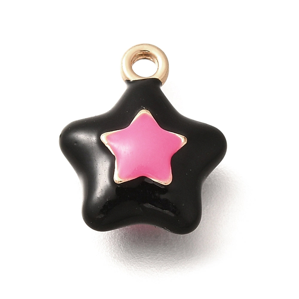 A glossy black enamel star charm featuring a smaller pink enamel star in the center and a gold-tone loop.