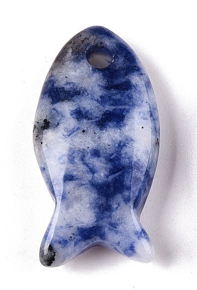 Blue spot jasper fish charm carved from speckled blue and white stone, featuring a pre-drilled hole for hanging.