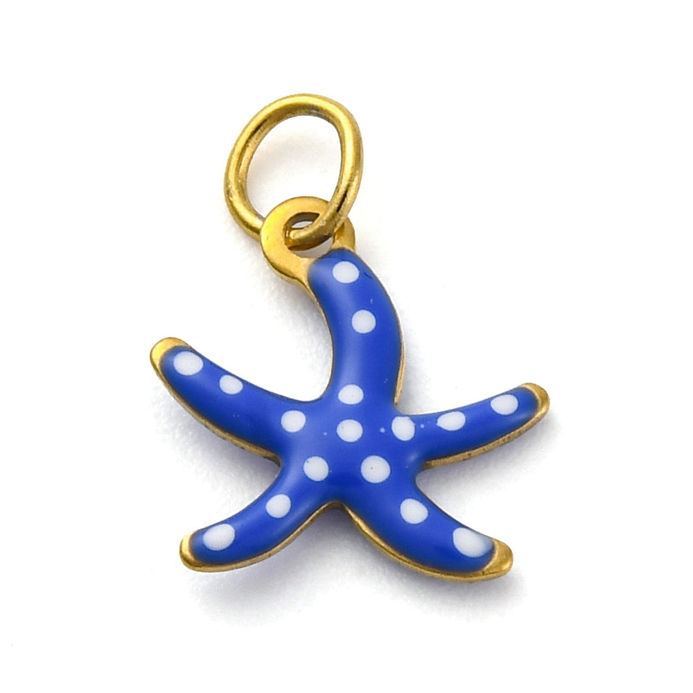 Gold-tone charm in the shape of a blue starfish with white polka dots, featuring a top jump ring.