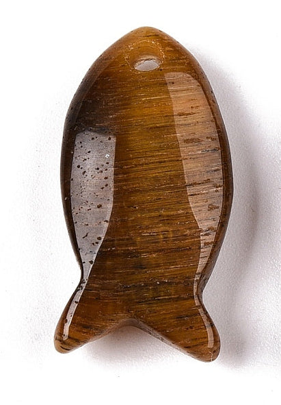 A stylized tiger eye fish charm carved from brown and gold banded stone with a hole at the top.
