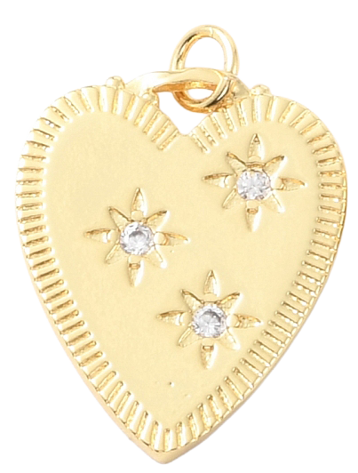 Gold-tone charm featuring a large heart with a textured border and three starburst engravings set with clear stones.