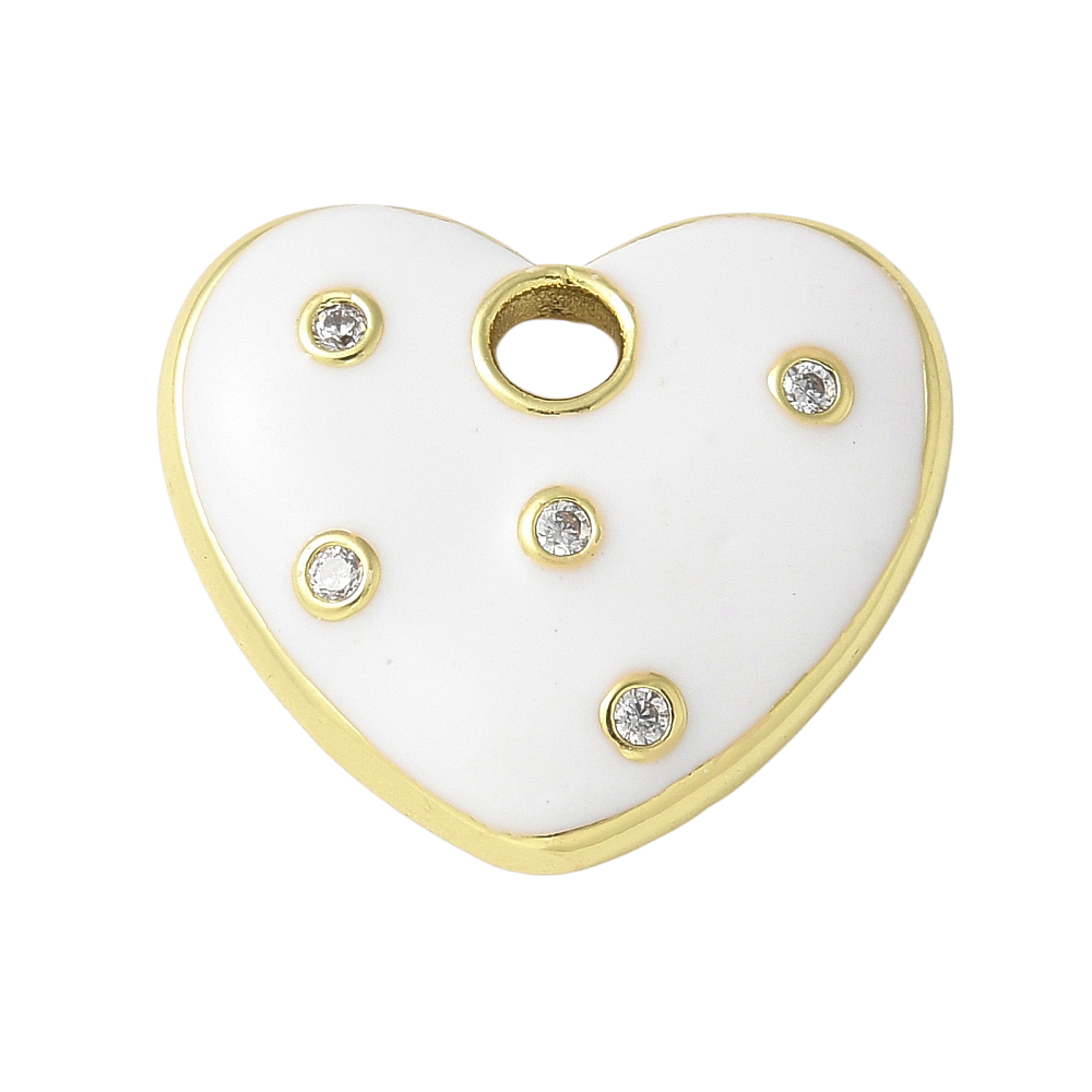 White enamel heart charm with a gold-tone border and five small bezel-set clear stones.