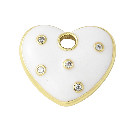 White enamel heart charm with a gold-tone border and five small bezel-set clear stones.