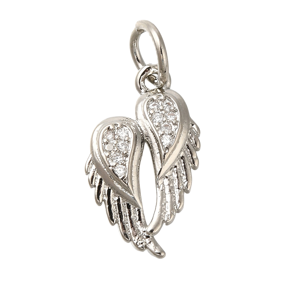 Silver angel wings charm by Good Day, Darling, embellished with clear stones and detailed feathers on a jump ring.