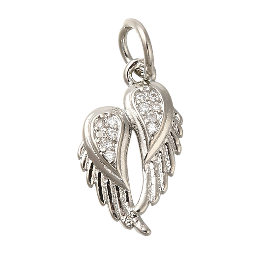 Silver angel wings charm by Good Day, Darling, embellished with clear stones and detailed feathers on a jump ring.