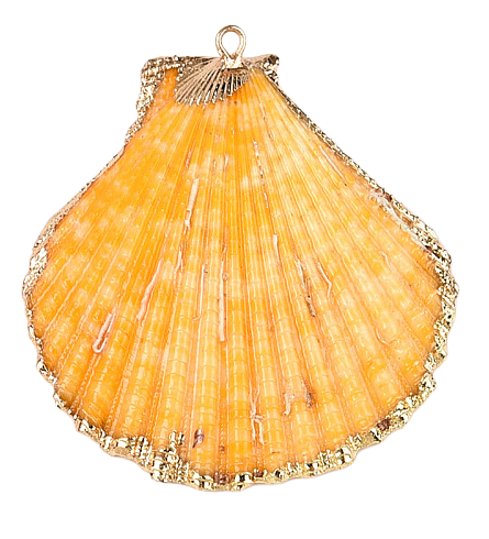 Yellow scallop shell pendant trimmed with textured gold-tone metal and a top hanging loop.