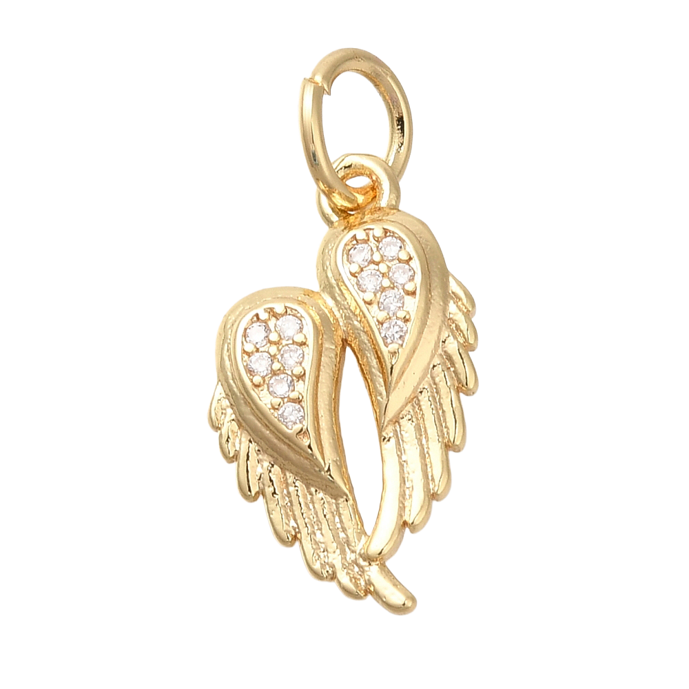 Gold angel wings charm in a gold-tone finish, featuring textured feathers and clear stone embellishments.