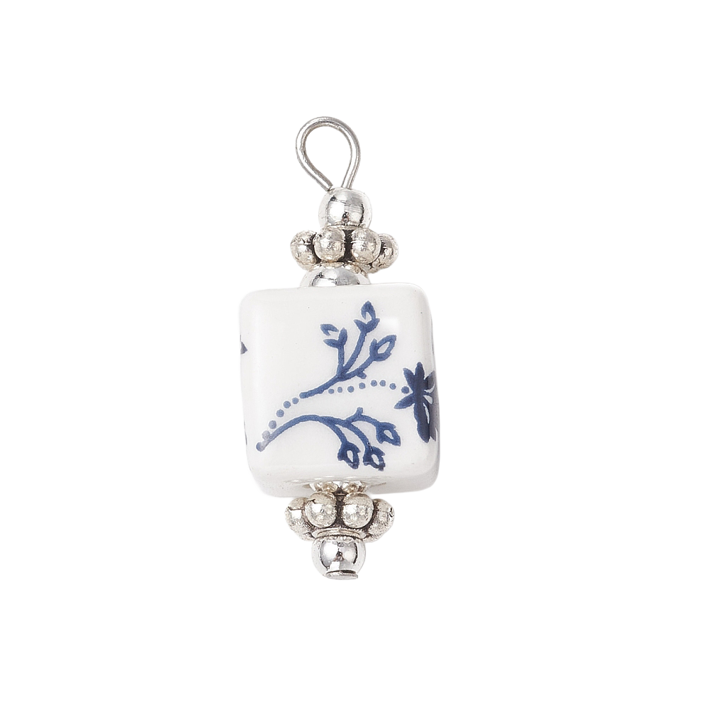 Silver-tone and blue porcelain charm featuring a square white bead with blue floral details and a top loop.