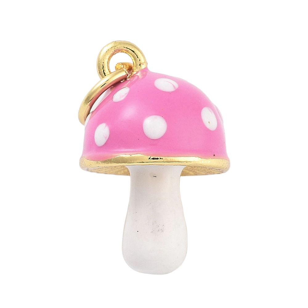 Pink mushroom gold-tone charm with a white-dotted pink enamel cap, white stem, and a top jump ring.