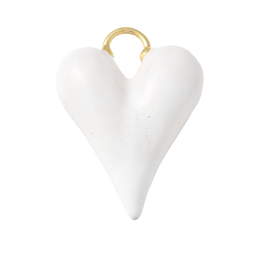 A puffy, elongated white enamel heart gold-tone charm with a small loop at the top.