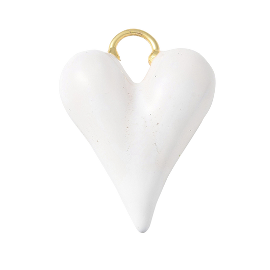 A puffy, elongated white enamel heart gold-tone charm with a small loop at the top.