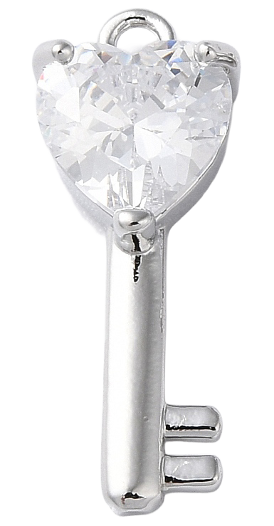 Silver heart key charm featuring a heart-shaped clear faceted stone set in silver-tone metal with a top attachment loop.