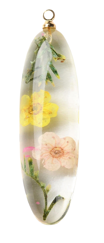 Oval clear resin dried flower pendant featuring yellow and pink blossoms with green stems and a gold-tone loop.
