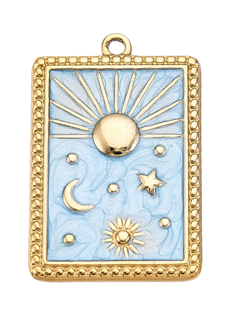 Rectangular gold-tone charm styled as a Sun Tarot Card, featuring light blue enamel and raised celestial motifs of suns, moon, and stars.