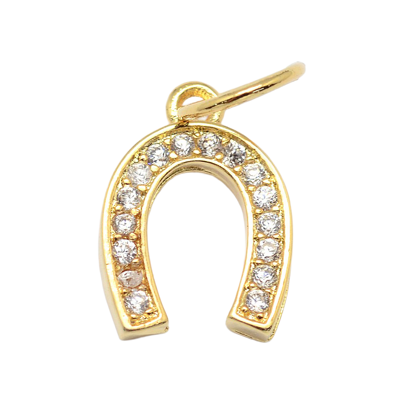 Gold horseshoe charm embellished with clear stones, featuring a top jump ring for a charm necklace or bracelet.