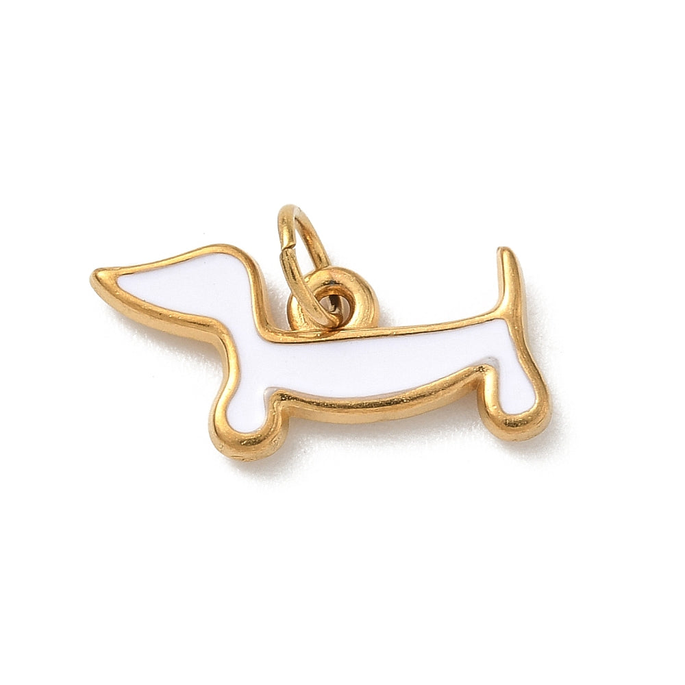 Gold dog charm in a dachshund shape with a gold-tone outline and white enamel fill.
