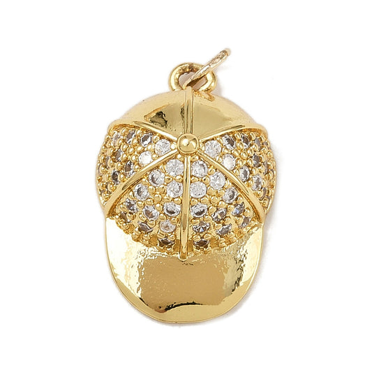 Gold baseball cap charm featuring clear crystal pavé on the crown and a polished gold-tone brim.