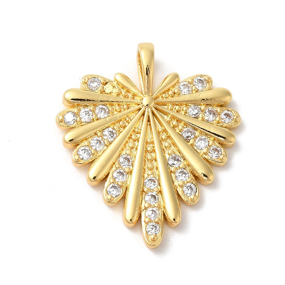 Gold-tone heart charm from Good Day, Darling featuring a ribbed sunburst design embellished with small clear stones.