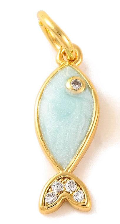 Light blue fish gold-tone charm featuring a textured enamel body, a clear stone eye, and a stone-encrusted tail.