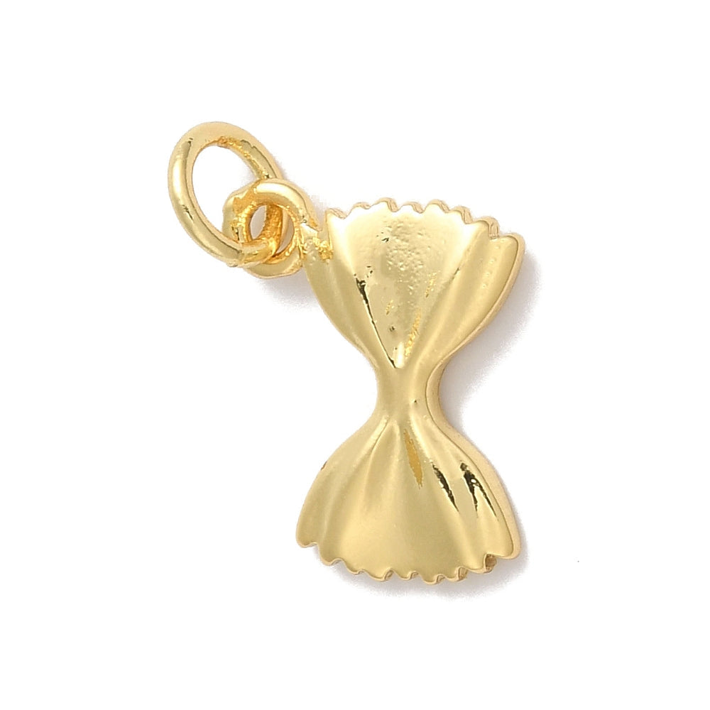 Gold-tone bowtie pasta charm with ridged edges and a small jump ring.