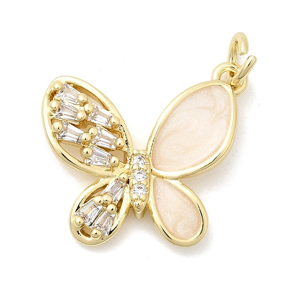 Gold-tone mother of pearl butterfly charm with iridescent inlay on one wing and clear baguette crystals on the other.