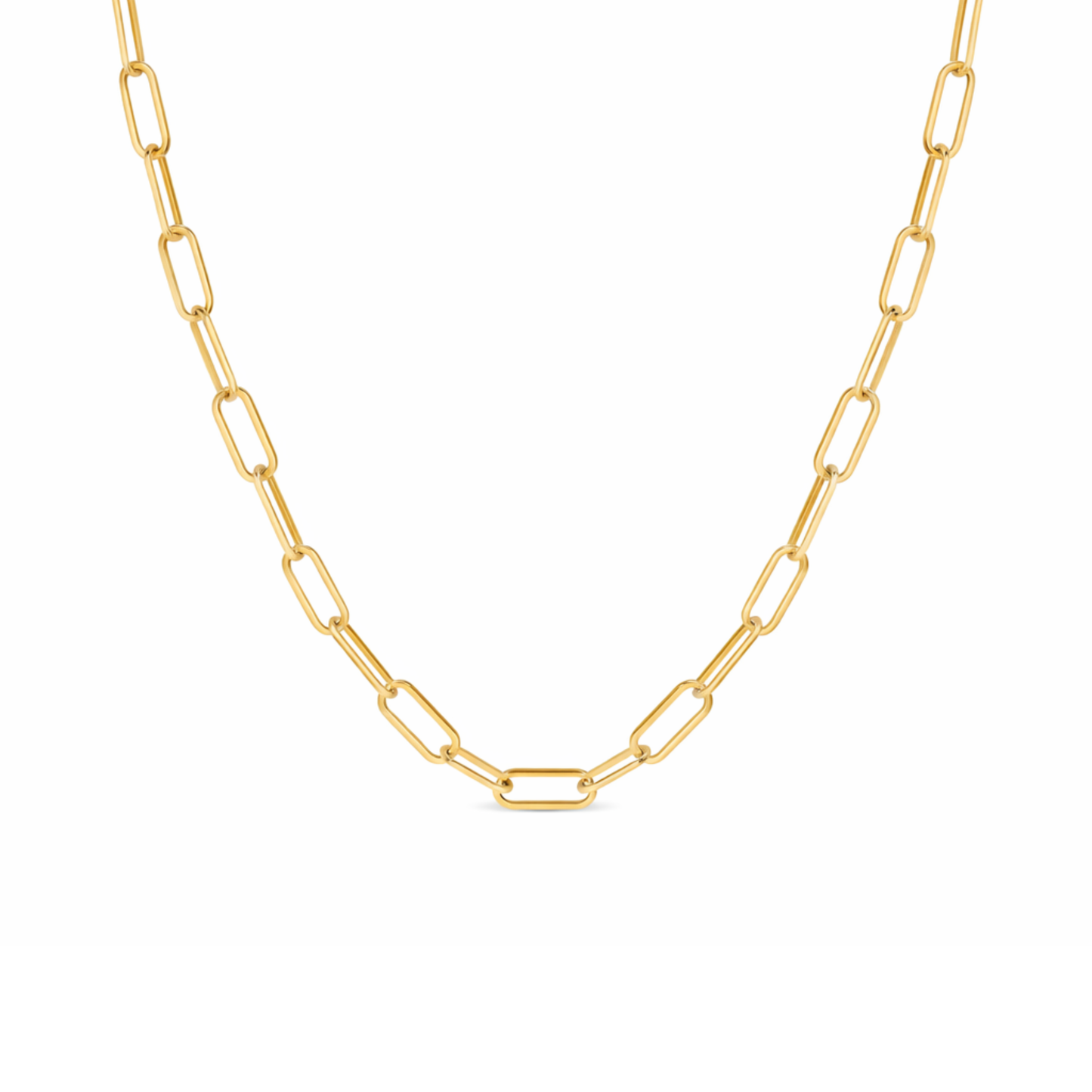 Gold paperclip necklace with polished, elongated rectangular links shown on a clean white background.