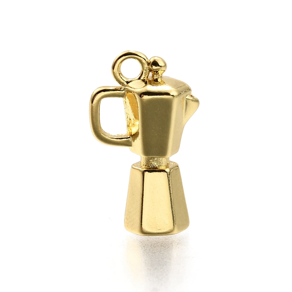 A three-dimensional gold-tone charm shaped like a miniature moka pot espresso maker with a top loop for attachment.