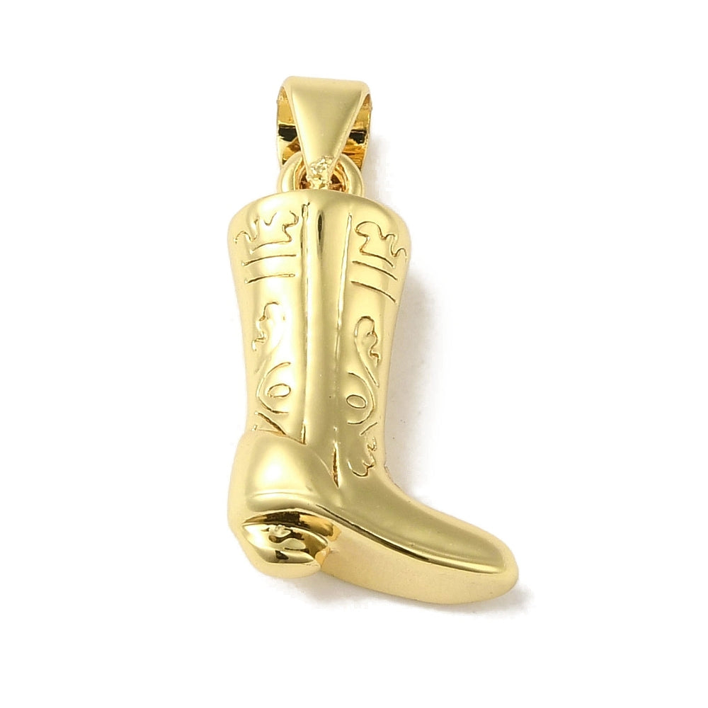 Gold cowgirl boot charm with engraved western details and a bail hanger, shown against a white background.