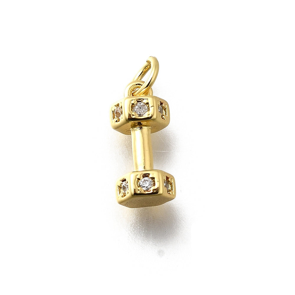 Gold dumbbell charm featuring hexagonal ends set with small clear stones, complete with a top jump ring.