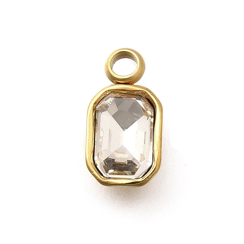 Emerald-cut clear crystal in a gold-tone bezel charm with a top attachment loop.