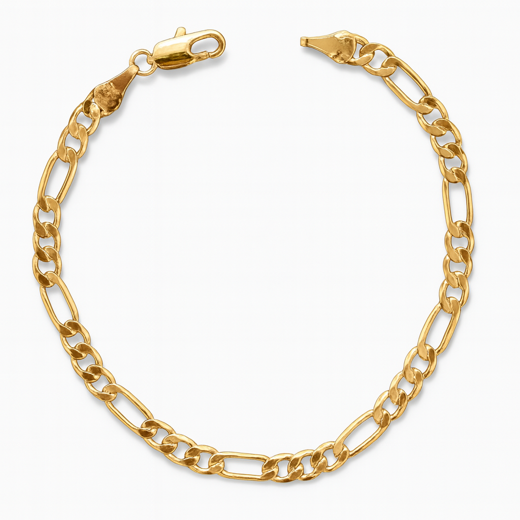 Gold Figaro bracelet featuring alternating short and long links with a lobster clasp closure, shown on a white background.
