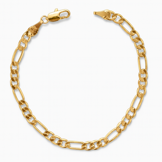 Gold Figaro bracelet featuring alternating short and long links with a lobster clasp closure, shown on a white background.