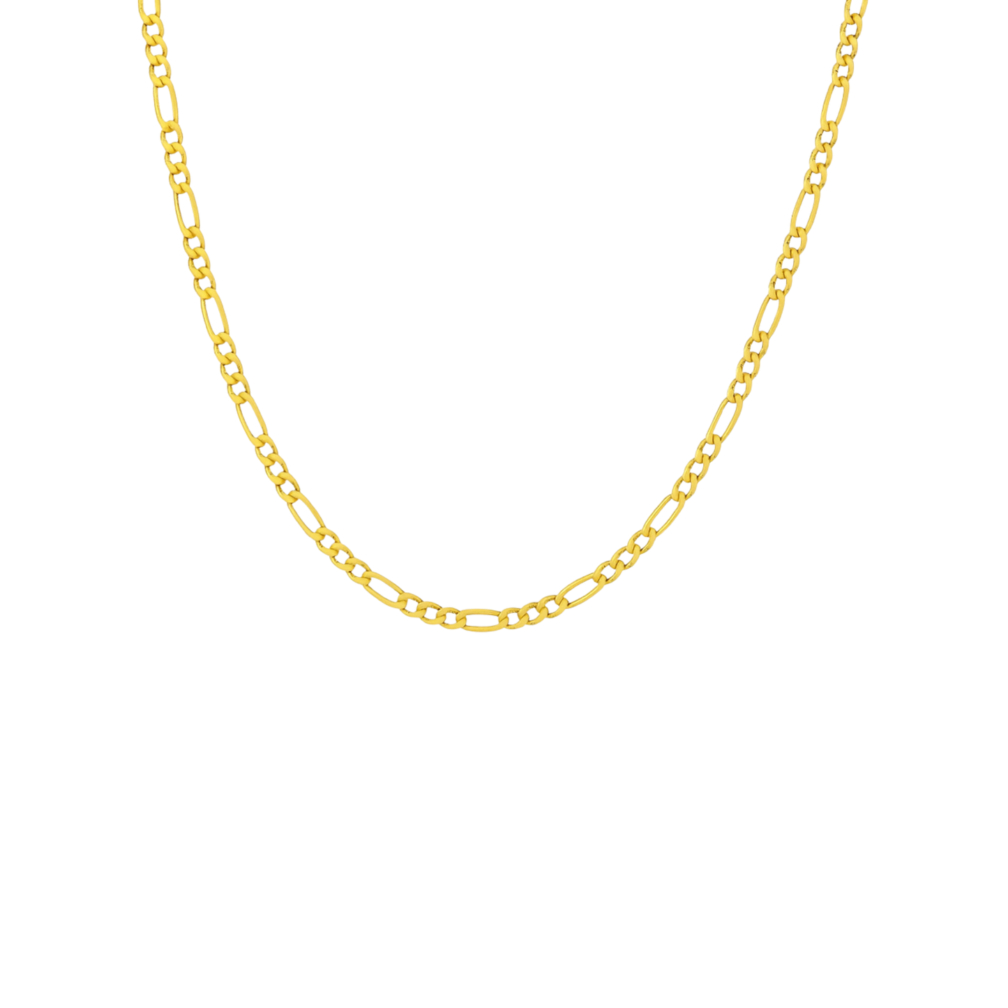 Gold Figaro chain necklace with alternating short round and long oval links, displayed on a white background.